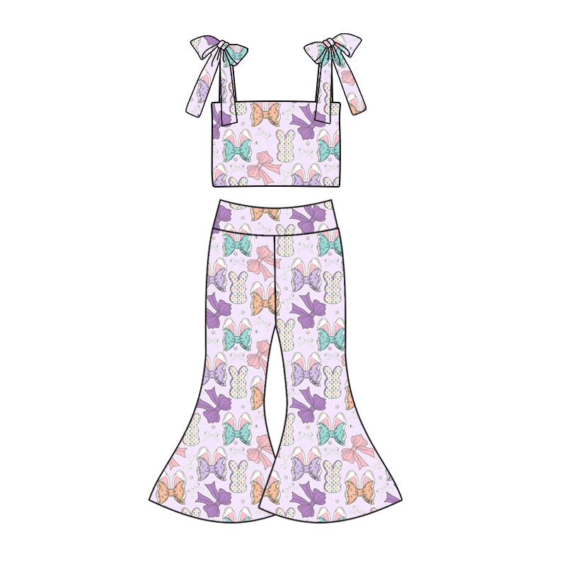Preorder (moq 5)Baby Girls Easter Rabbits Bows Straps Top Bell Pants Clothes Sets