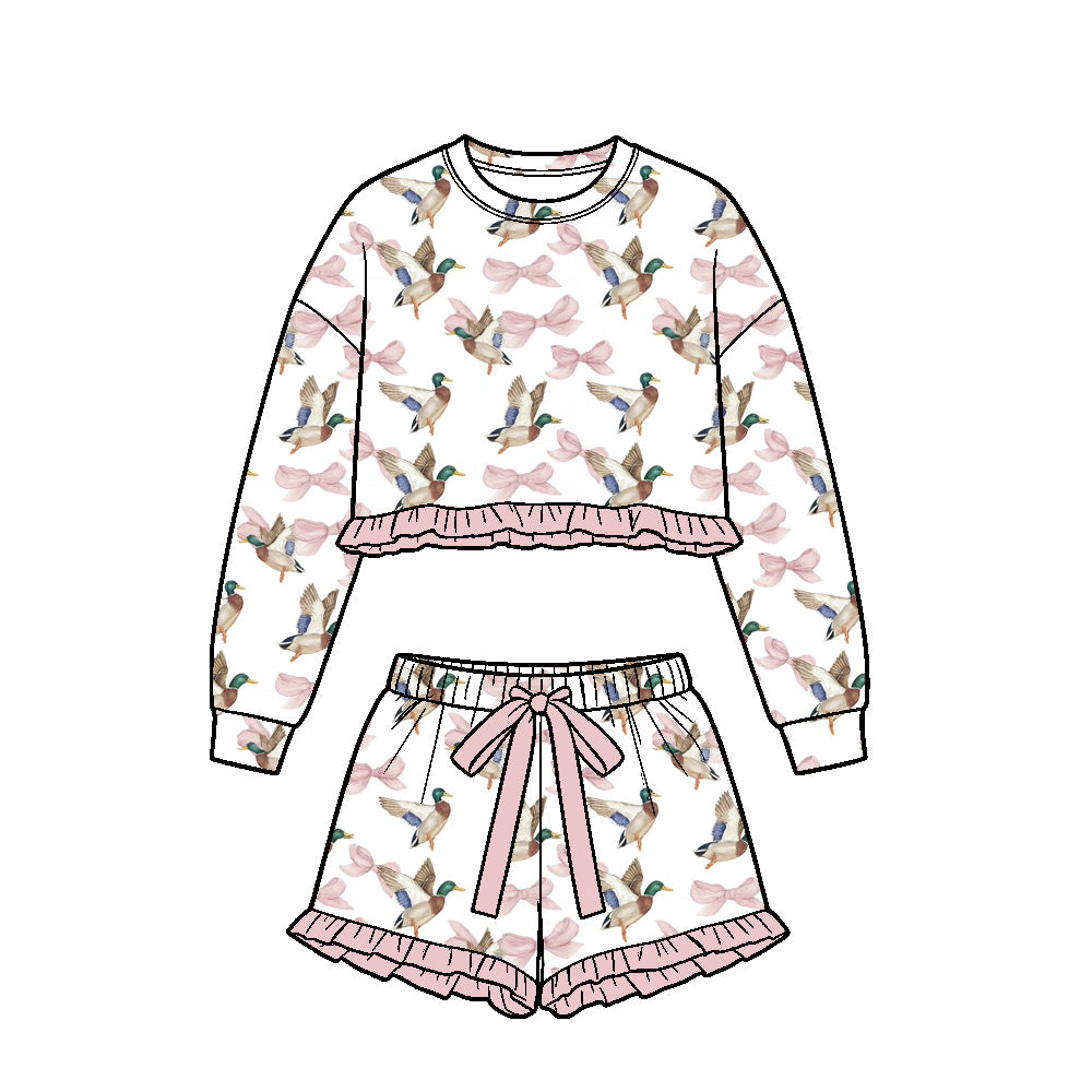 Preorder (moq 5) Baby Girl Mallard Duck Pink Bow Print Long Sleeve Ruffle Crop Top Bow Ruffle Shorts Set