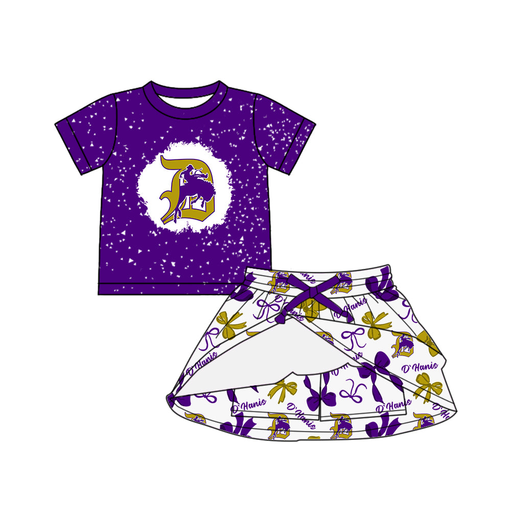 Preorder (moq 5)Baby Girls Purple Short Sleeves Horse Rodeos Top Bows Plaid Skorts Team Set