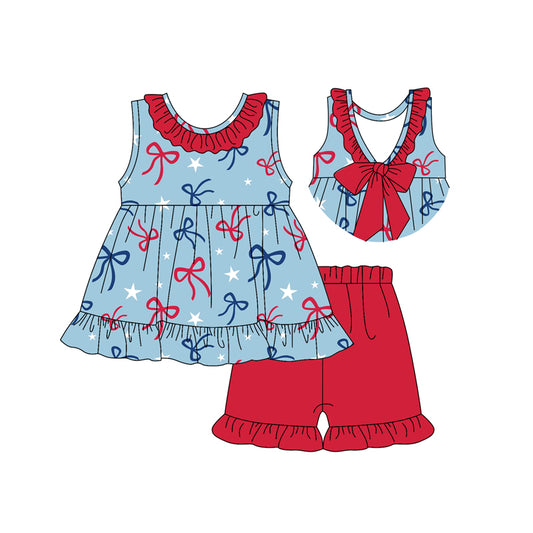 Preorder (moq 5)Baby Girls Blue Sleeveless Red Bows Tunic Ruffle Shorts 4th Of July Clothes Sets