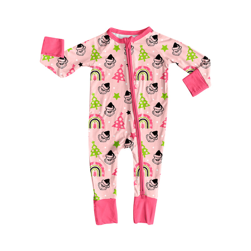 Preorder(moq 5)Baby Girls Pink Christmas Trees Green Face Zipper Footie Rompers