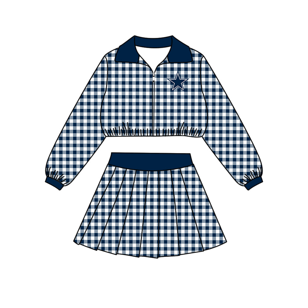 Preorder (moq 5)Baby Girls Navy Checked Cowboys Zip Pullovers Skirt Short Team Clothes Set