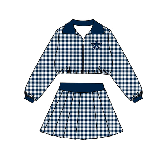 Preorder (moq 5)Baby Girls Navy Checked Cowboys Zip Pullovers Skirt Short Team Clothes Set