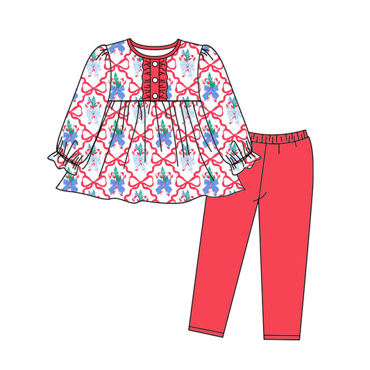 Preorder (moq 5)Baby Girls Long Ruffle Sleeves Red Bows Plaid Button Tunic Legging Pant Set