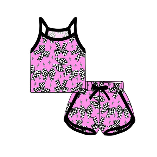 Preorder (moq 5)Baby Girls Strap Plaid Bows Stars Print Top Short Sport Set
