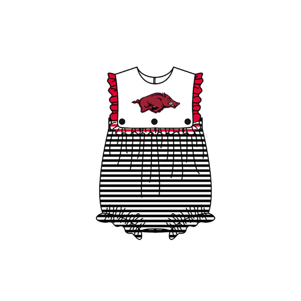 Preorder (moq 5)Baby Girls Sleeveless Black Stripe Red Bulls Team Ruffle Rompers