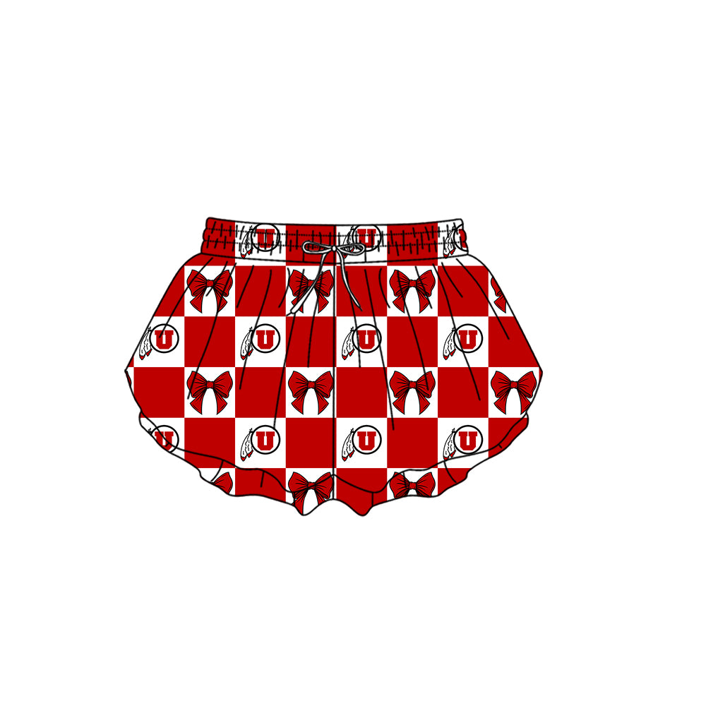 Preorder (moq 5)Baby Girls Utah Utes Bows Checked Team Ruffle Shorts Bottom