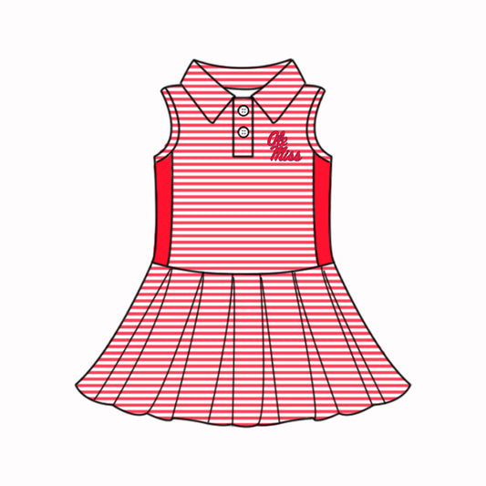 Preorder (moq 5)Baby Girls Red Stripe Sleeveless Button Ole Miss Team Knee Length Dress