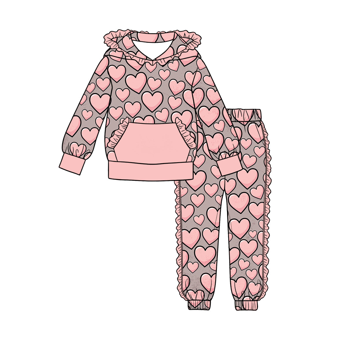 Preorder (moq 5) Baby Girls’ Pink Heart Pocket Hoodie & Ruffle Joggers Set