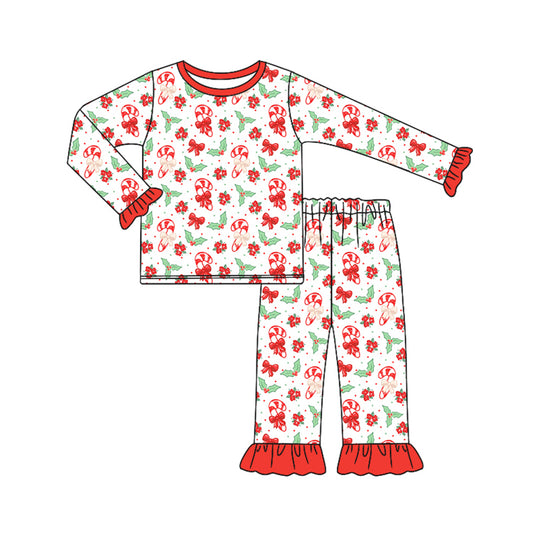 Preorder (moq 5)Baby Girls Long Ruffle Sleeves Bows Candy Cane Top Pant Pajamas Set