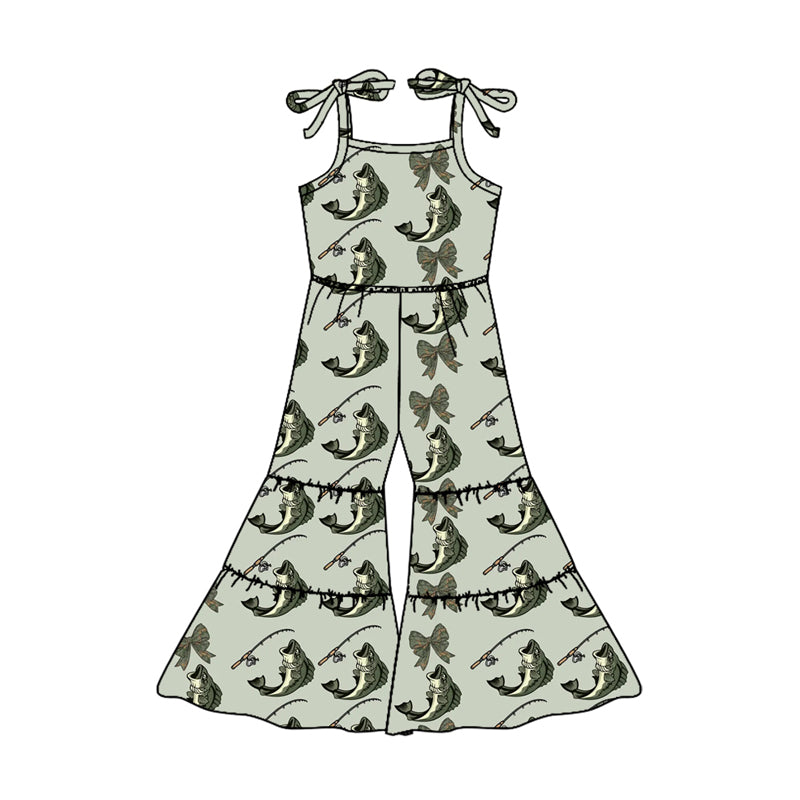 Preorder (moq 5)Baby Girls Green Strap Bows Fishes Patchwork Bell Bottom Jumpsuits Preorder