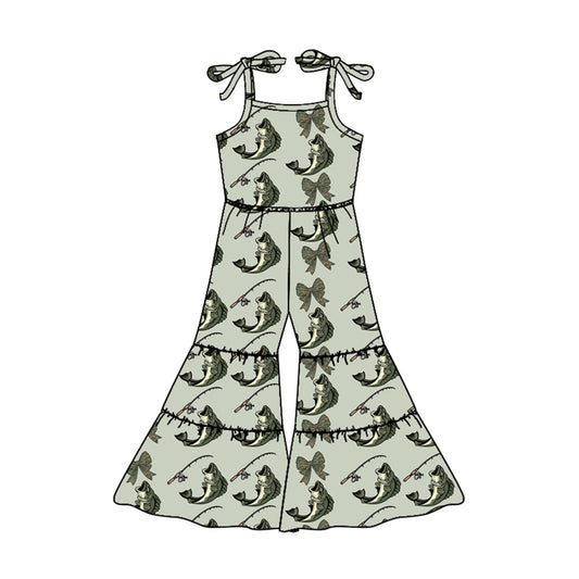 Preorder (moq 5)Baby Girls Green Strap Bows Fishes Patchwork Bell Bottom Jumpsuits Preorder