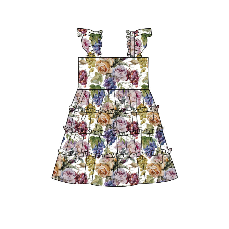 Preorder(moq 5) Baby Girls Flutter Sleeve Flowers Grapes Patchworks Knee Length Dresses