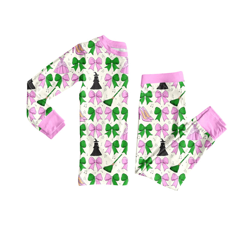 Preorder(moq 5) Baby Girls Long Sleeves Green Pink Bows Plaid Magic Top Pants Pajamas Set