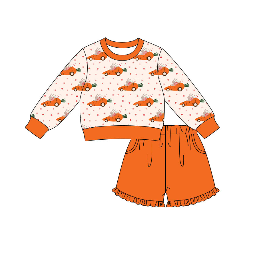 Preorder (moq 5) Baby Girl Clothes Carrot Truck Bunny Allover Print Long Sleeve Top Ruffle Shorts Set
