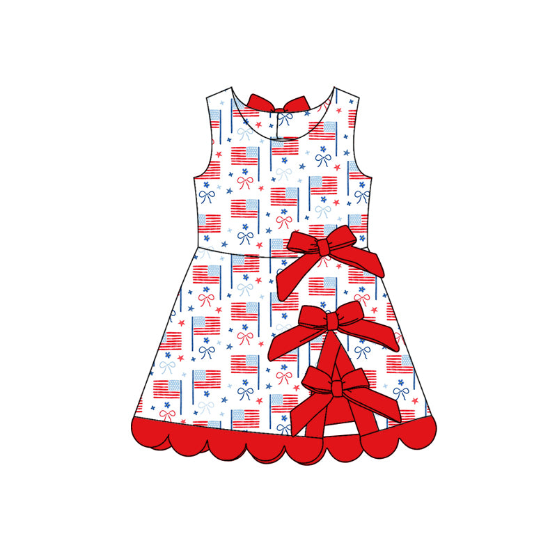 Preorder moq 5 Baby Girls Bows Flags Shorts 4th of July Scallop Knee Length Dress