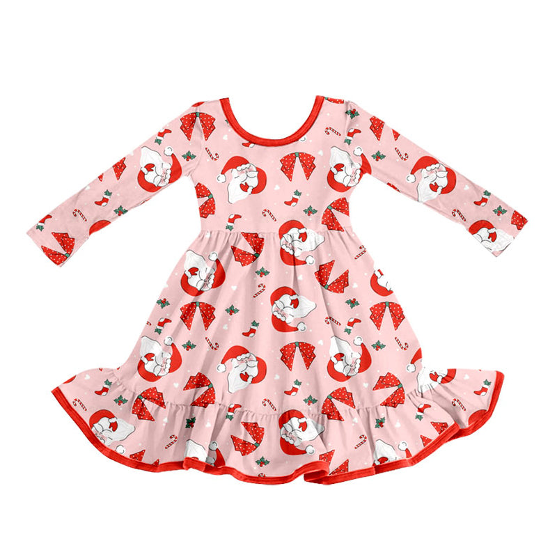 Preorder(moq 5) Baby Girls Santa Candy Cane Christmas Ruffle Knee Length Dress