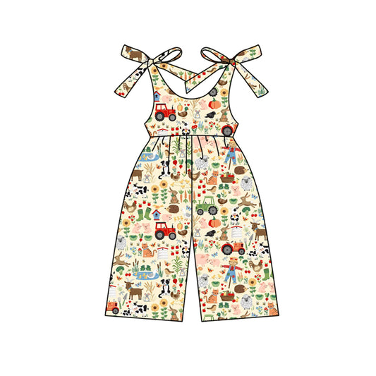 Preorder (moq 5)Baby Girls Strap Cows Chicks Floral Farm Jumpsuits