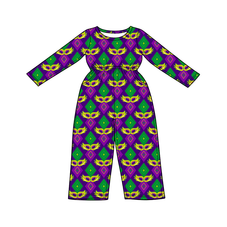Preorder (moq 5) Baby Girls Long Sleeve Anchors Masks Mardigras Pockets Pant Jumpsuits