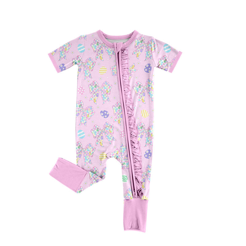 Preorder (moq 5)Baby Girls Flower Bows Eggs Easter Ruffle Zipper Footie Rompers