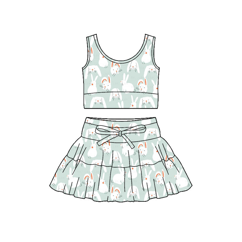 Preorder (moq 5)Baby Girls Blue Rabbits Plaid Vest Ruffle Skirt Shorts Easter Clothes Sets