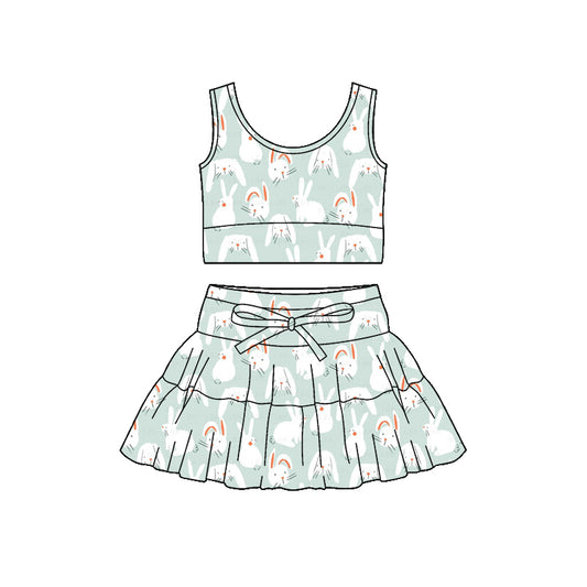 Preorder (moq 5)Baby Girls Blue Rabbits Plaid Vest Ruffle Skirt Shorts Easter Clothes Sets