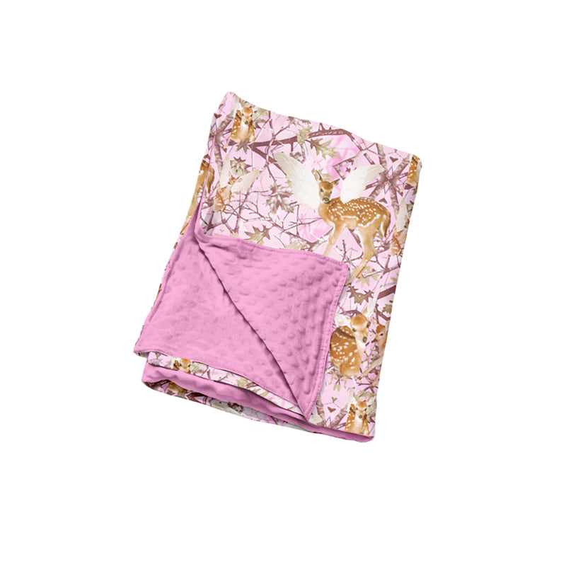 Preorder (moq 5) Baby Girl Clothes Winged Deer Pink Camo Mixed Print Minky Dot Backing Baby Swaddle Blanket