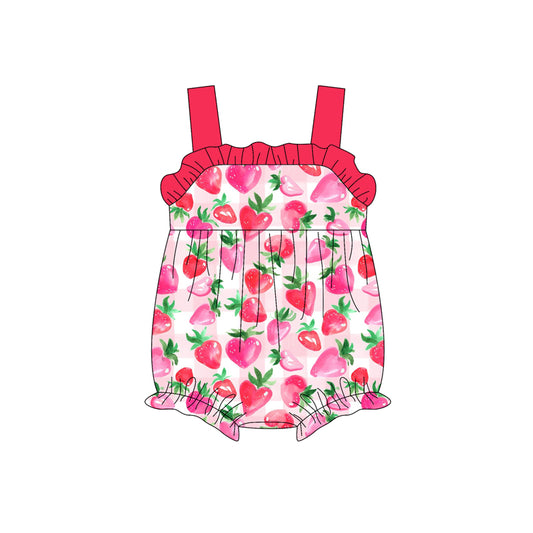 Preorder (moq 5)Baby Girls Red Strap Hearts Strawberry Ruffle Bubble Rompers