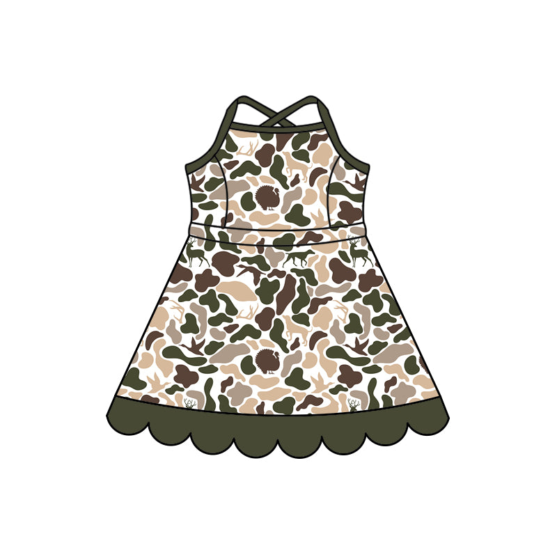 Preorder (moq 5)Baby Girls Strap Dog Ducks Camo Hunting Scallop Knee Length Dresses