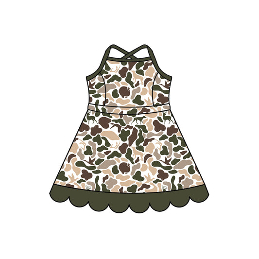 Preorder (moq 5)Baby Girls Strap Dog Ducks Camo Hunting Scallop Knee Length Dresses