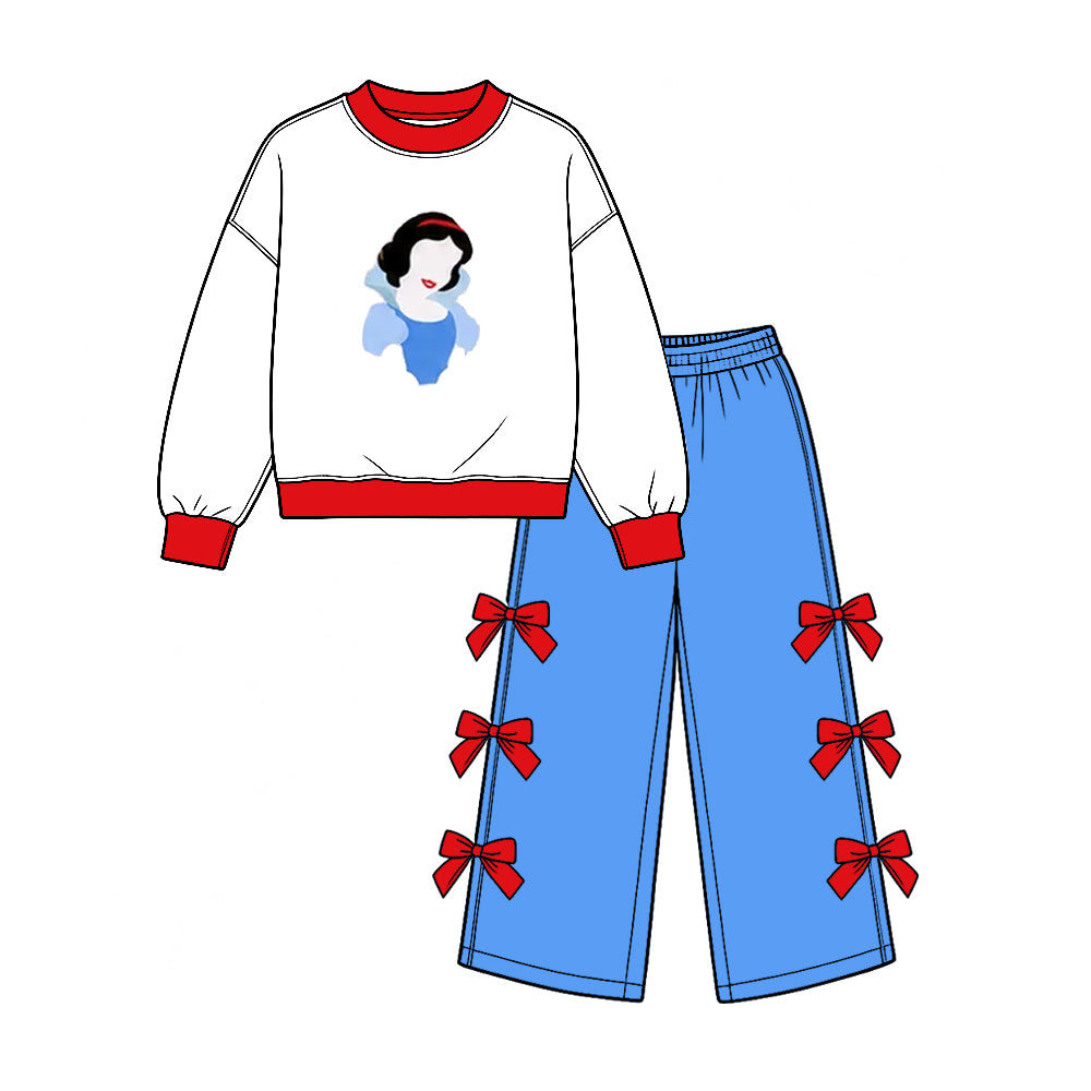 Preorder (moq 5) Baby Girl Clothes Princess Snow White Character Print Long Sleeve Bow Decor Wide Leg Pant Set