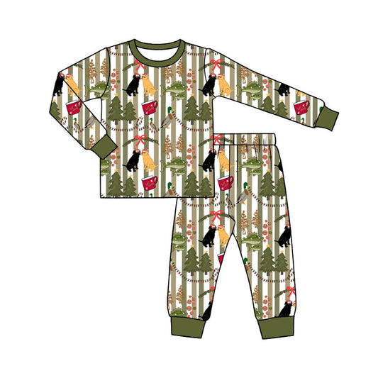 Preorder (moq 5)Baby Boys Green Stripe Ducks Trees Top Pant Christmas Pajamas Set