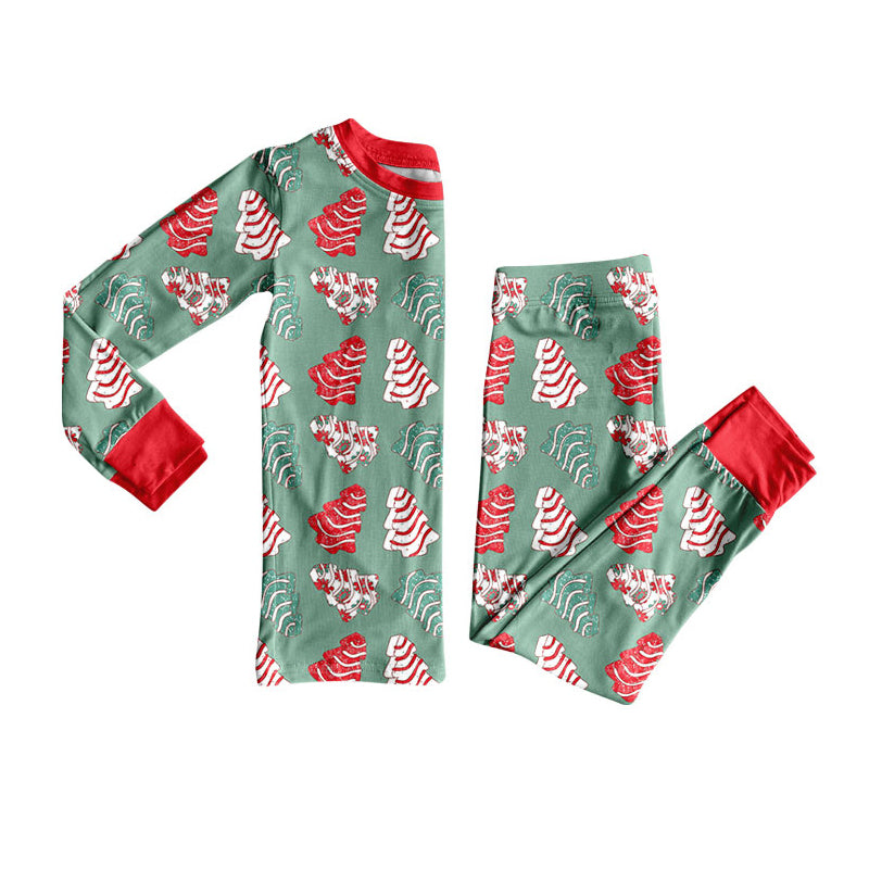 Preorder (moq 5)Baby Girls Red Green Stripe Trees Top Pants Christmas Pajamas Sets