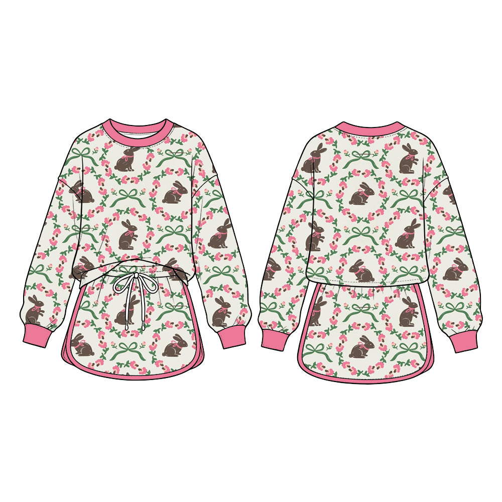 Preorder (moq 5) Baby Girl Clothes Brown Bunny Pink Floral Green Bow Mixed Print Long Sleeve Top Skirt Boutique Outfit Set