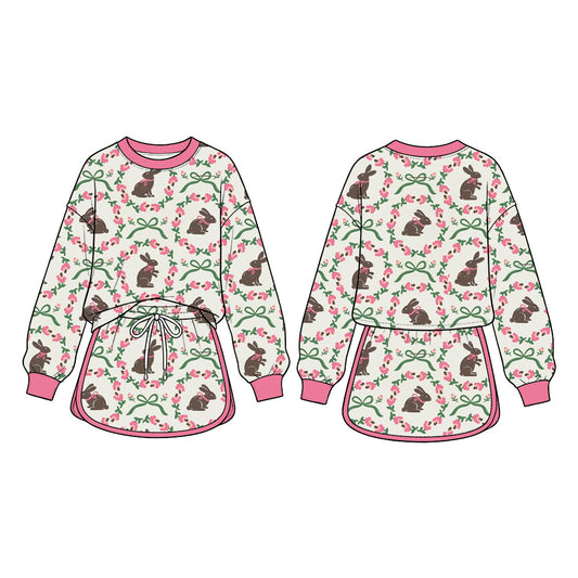 Preorder (moq 5) Baby Girl Clothes Brown Bunny Pink Floral Green Bow Mixed Print Long Sleeve Top Skirt Boutique Outfit Set