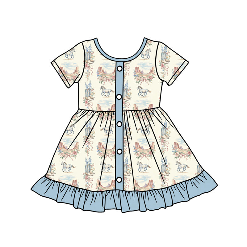 Preorder (moq 5)Baby Girls Blue Boots Horses Western Button Ruffle Knee Length Dresses