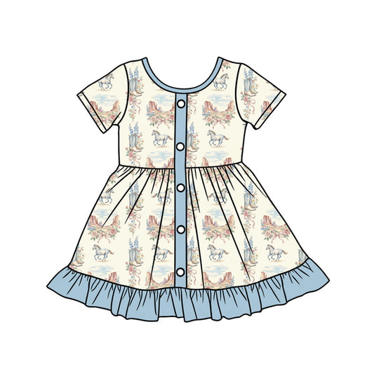Preorder (moq 5)Baby Girls Blue Boots Horses Western Button Ruffle Knee Length Dresses