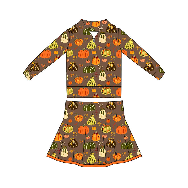 Preorder (moq 5)Baby Girls Bows Pumpkins Zip Pullovers Pleated Skirt Short Fall Clothes Sets