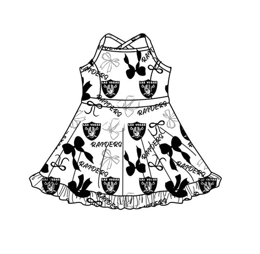 Preorder (moq 5)Baby Girls Strap Black Raiders Bows Team Short Ruffle Knee Length Dresses