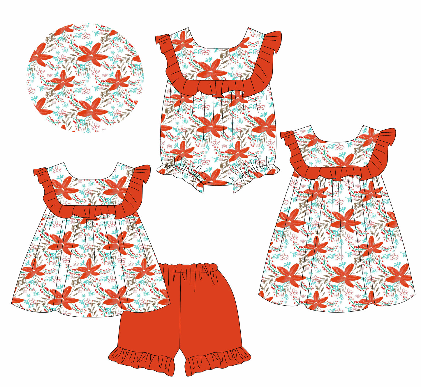 Preorder moq 5 Custom Baby Girls Red Floral Tunic Ruffle Short Set Knee Length Dress Rompers