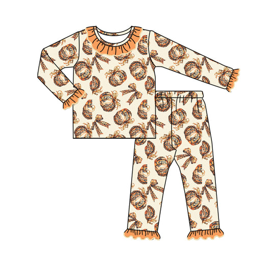 Baby Girls Pumpkin Leopard Top Pants Pajamas Clothes Sets Preorder(moq 5)