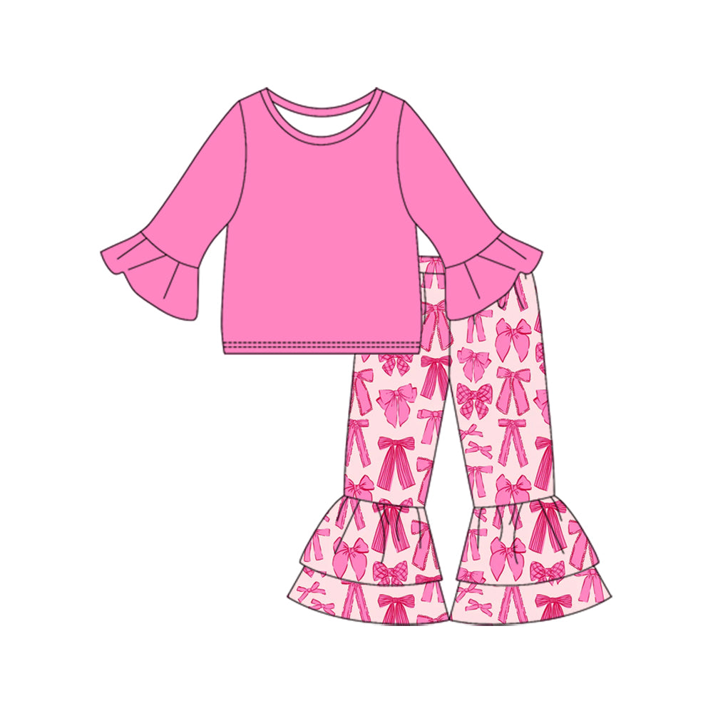 Preorder (moq 5)Baby Girls Pink Long Sleeve Top Bows Ruffle Pants Sets