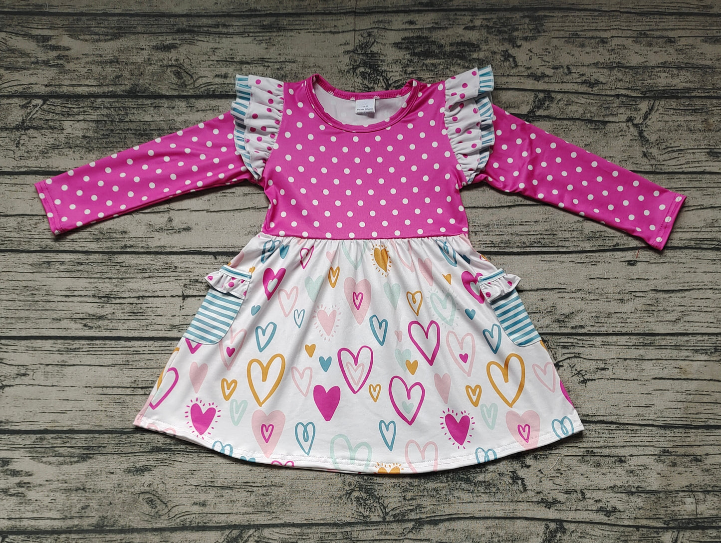 Baby Girls Valentines Pink Dots Long Sleeve Hearts Knee Length Dresses