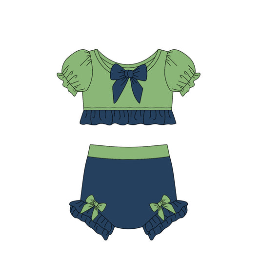Preorder (moq 5)Baby Girls Green Navy Princess Top Two Pieces Swimsuits