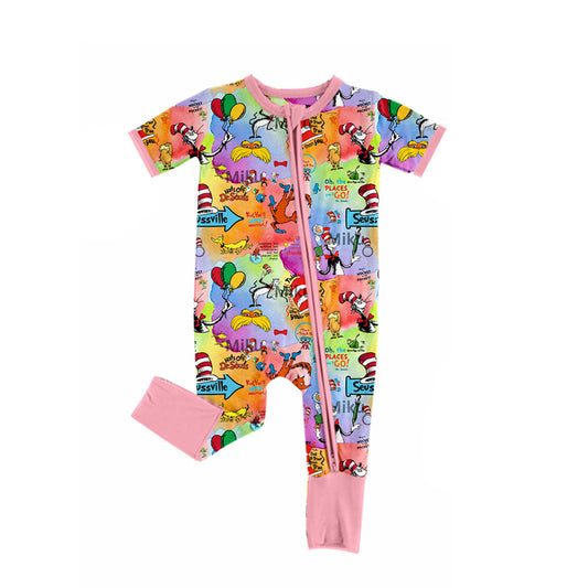 Preorder(moq 5)Baby Infant Girls Dr Reading Elephant Zip Short Sleeve Rompers