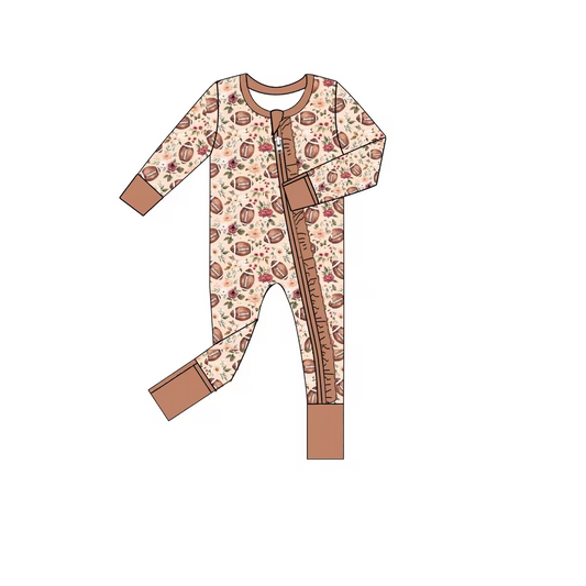 Baby Infant Girls Brown Football Flowers Zip Rompers preorder(moq 5)