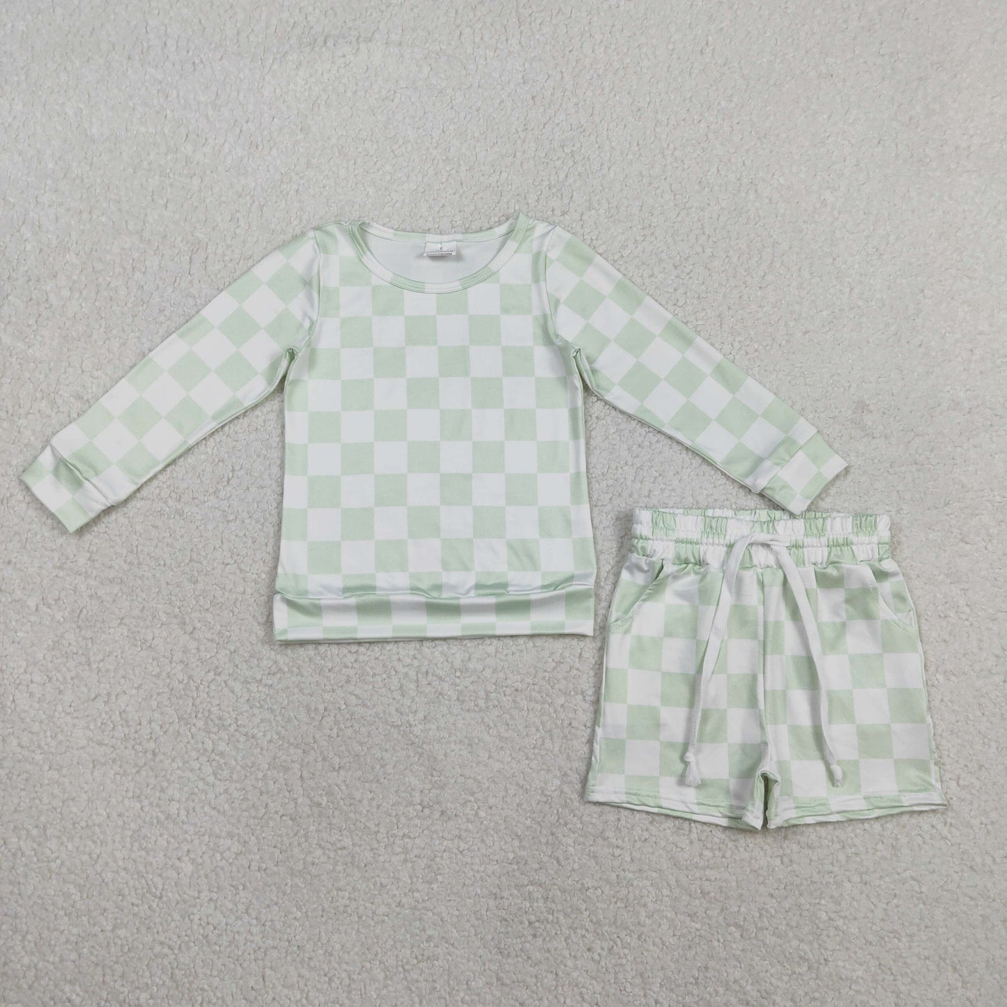 Baby Girls Light Green Checked Long Sleeve Top Pockets Shorts Clothes Sets