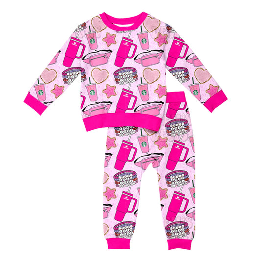 Baby Girls Pink Coffee Cups Singer Top Pants Pajamas Clothes Sets Preorder(moq 5)