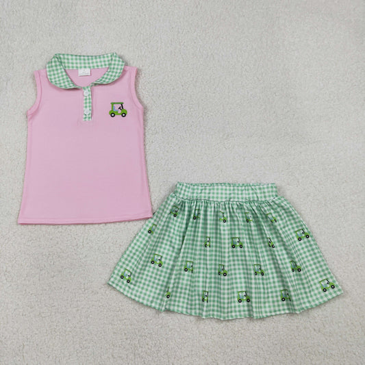Sibling Baby Boys Girls Embroidery Golf Trucks Top Green Checked Skirt Shorts Clothes Sets