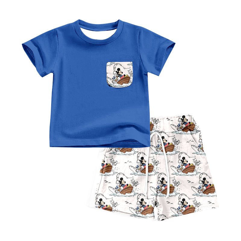 Baby Boys Blue Pockets Shirt Cartoon Mouse Fishing Shorts Sets preorder (moq 5)